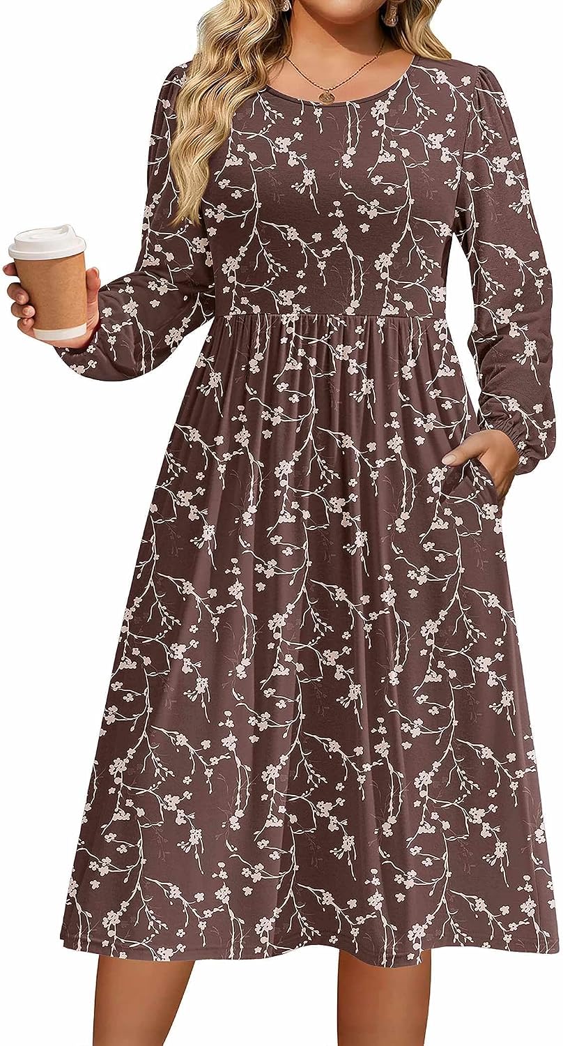IN'VOLAND Plus Size Fall Dresses Women Long Sleeve Midi Casual Pocket Dress | Breathable Material, Crewneck A-Line Dresses, Loose Fit, Fall Fashion 2026