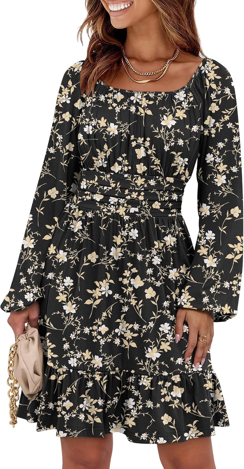 ANRABESS Women Long Lantern Sleeve Square Neck Fall Short Dress | Elastic Waist Belly Hide,Ruffle Flowy A-Line Mini Dress,Backless,Spring Summer Fashion Trendy,Cute Travel & Party Daily Wear