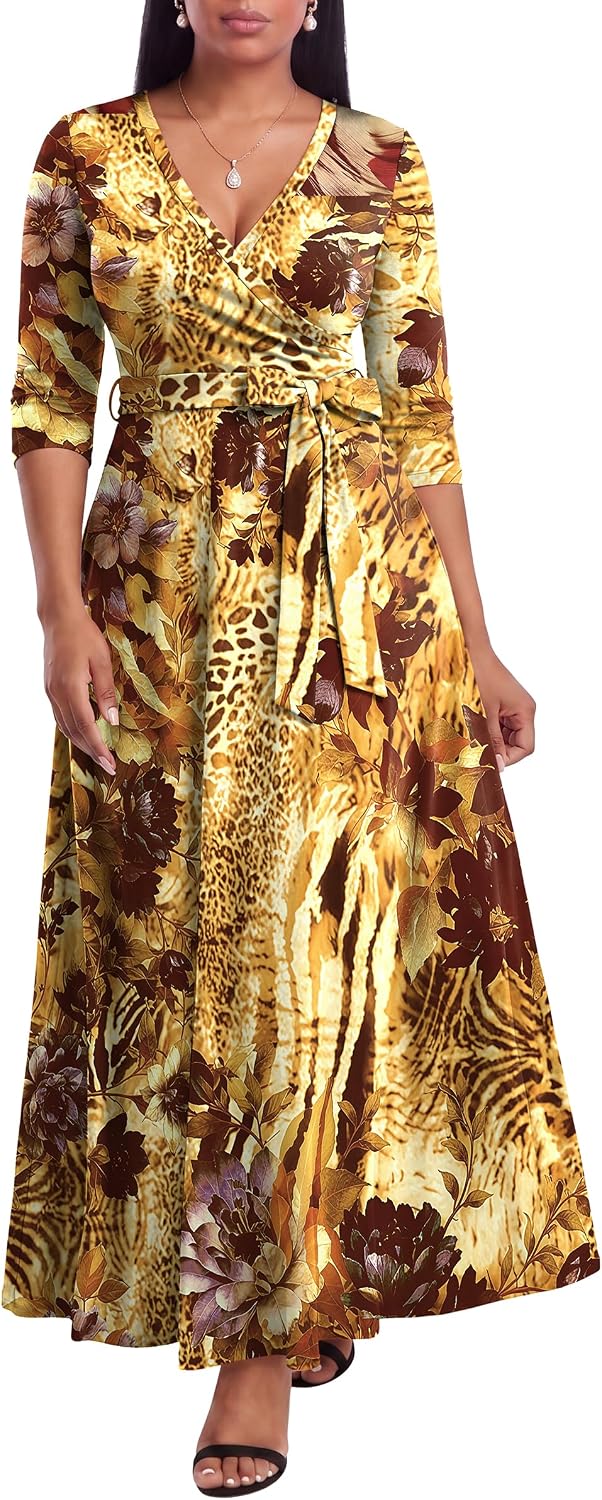 FANDEE Plus Size Maxi Dress for Women - Summer Long Dresses Casual | Women's Curvy Fit Long Dress, Semi\u2011Formal Print Fitted Wrap Dress with Pockets & Belt, 3\/4-Sleeve V-Neck