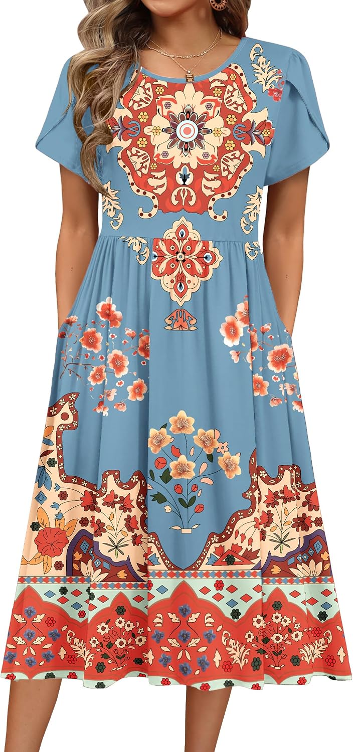 HOTOUCH Women's Summer A-Line Midi Dresses 2026 Casual Floral Short Sleeve T-Shirt Dress Flowy Beach Sundress with Pockets
