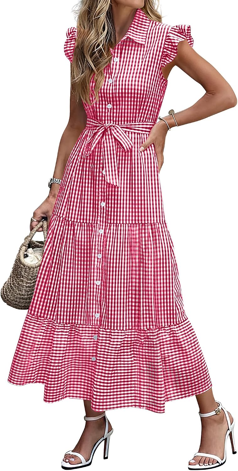 Caracilia Womens Summer Casual Ruffle Cap Sleeve Maxi Dress Button Down Striped Plaid Tie Waist Vacation Long Shirt Dresses