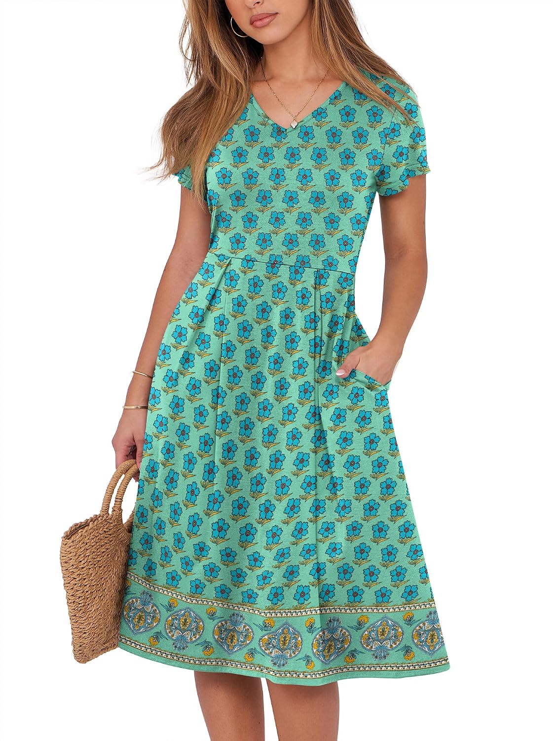 ANRABESS Women Summer Casual Short Sleeve A Line Midi Dresses with Pocket | V Neck Knee Length Pleated Flowy Slim Fit, Casual Business Office Work Teacher Wear, Church Funeral Wedding Guest Outfits