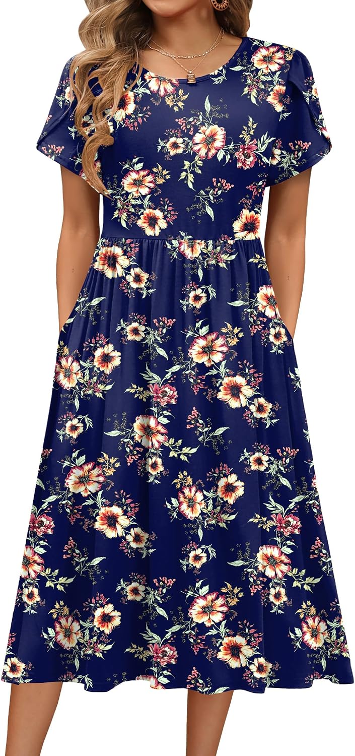 HOTOUCH Women's Summer A-Line Midi Dresses 2026 Casual Floral Short Sleeve T-Shirt Dress Flowy Beach Sundress with Pockets