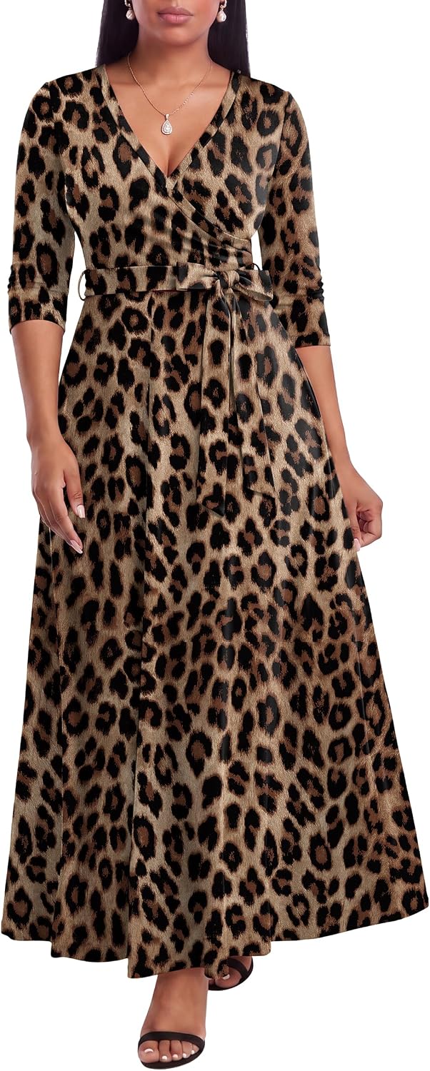 FANDEE Plus Size Maxi Dress for Women - Summer Long Dresses Casual | Women's Curvy Fit Long Dress, Semi\u2011Formal Print Fitted Wrap Dress with Pockets & Belt, 3\/4-Sleeve V-Neck