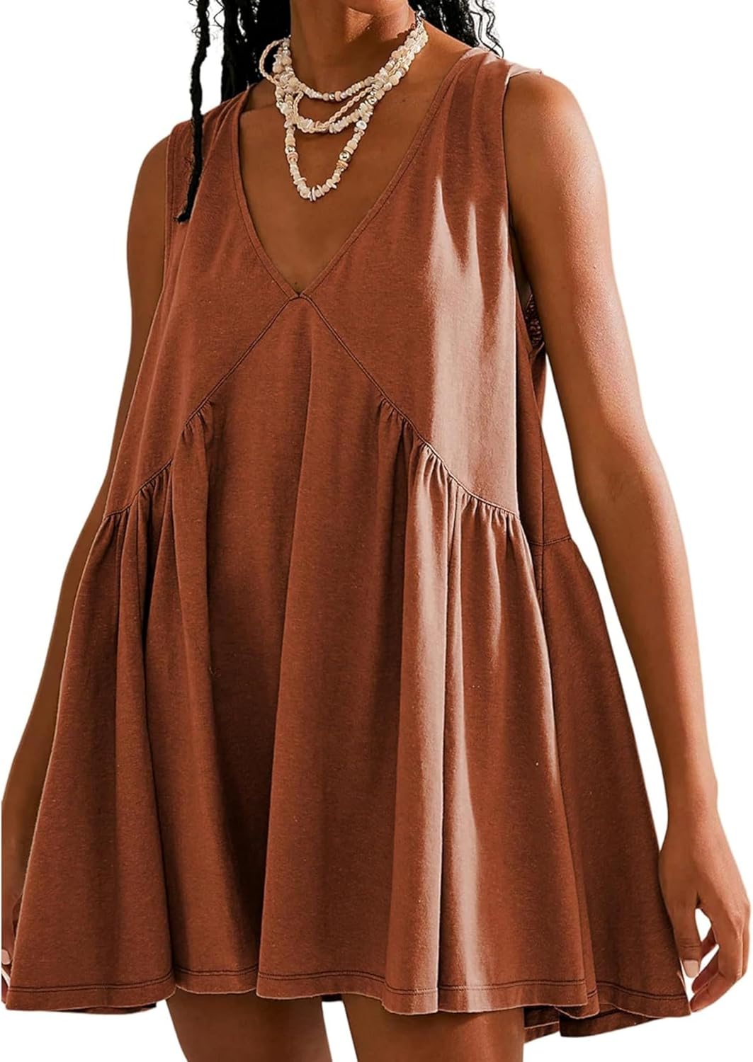 OPCAKM Women's V Neck Sleeveless Mini Dress Pleated Sundress | Soft Cotton Babydoll Summer Dresses,Flowy Swing Loose Fit for Casual Daily Wear,Party and Outdoor Activities