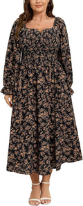 SCOMCHIC Womens Plus Size Casual Floral Maxi Dress | Ruffle Long Sleeve, Smocked, Square Neck, Empire Waist, A Line, Flowy, Split Long Dresses with Pockets for Fall, Spring