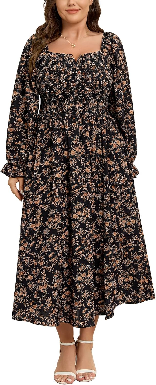 SCOMCHIC Womens Plus Size Casual Floral Maxi Dress | Ruffle Long Sleeve, Smocked, Square Neck, Empire Waist, A Line, Flowy, Split Long Dresses with Pockets for Fall, Spring