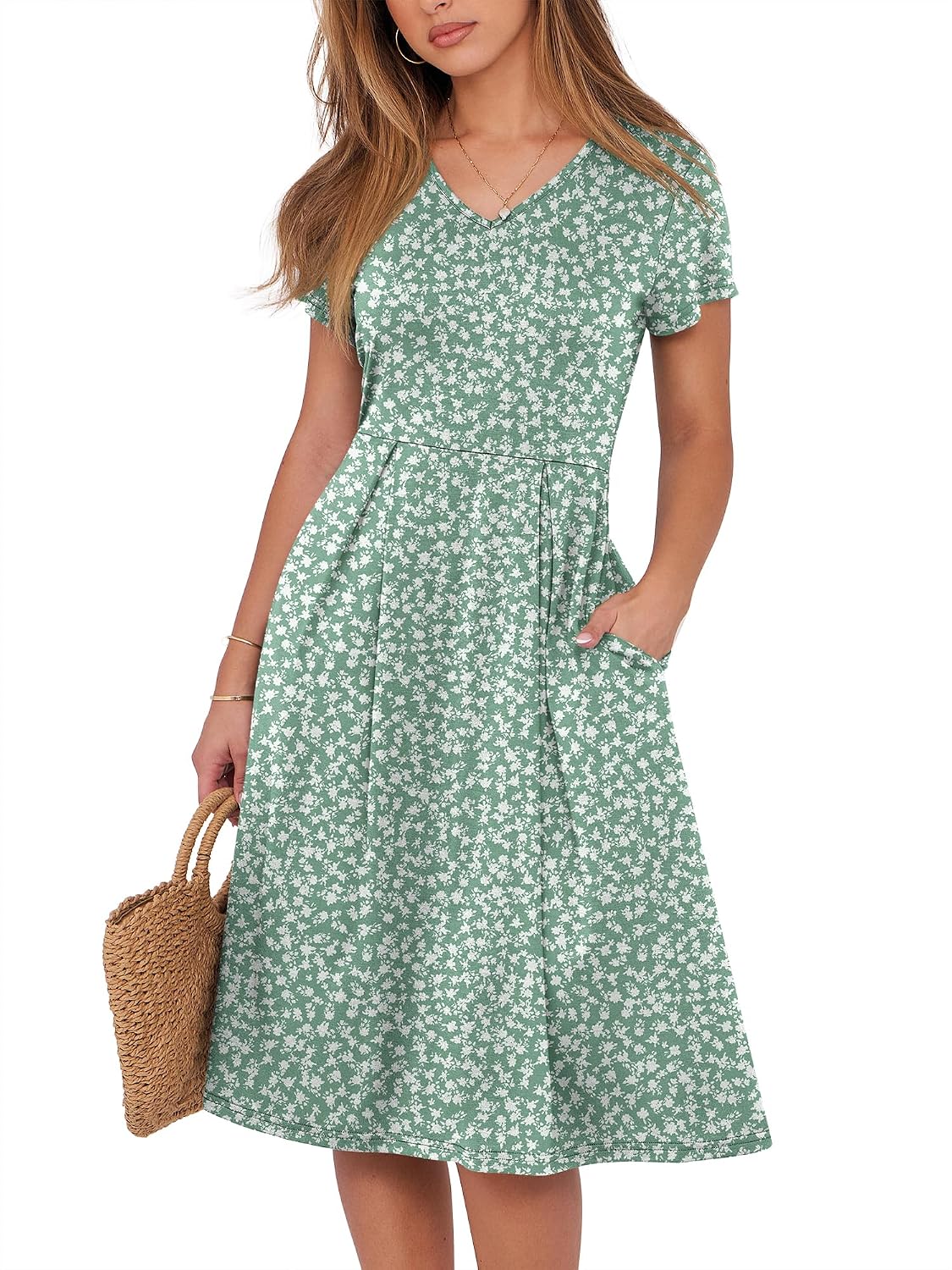 ANRABESS Women Summer Casual Short Sleeve A Line Midi Dresses with Pocket | V Neck Knee Length Pleated Flowy Slim Fit, Casual Business Office Work Teacher Wear, Church Funeral Wedding Guest Outfits