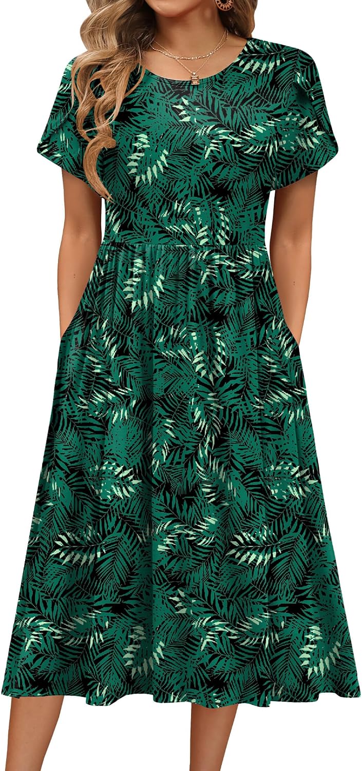 HOTOUCH Women's Summer A-Line Midi Dresses 2026 Casual Floral Short Sleeve T-Shirt Dress Flowy Beach Sundress with Pockets
