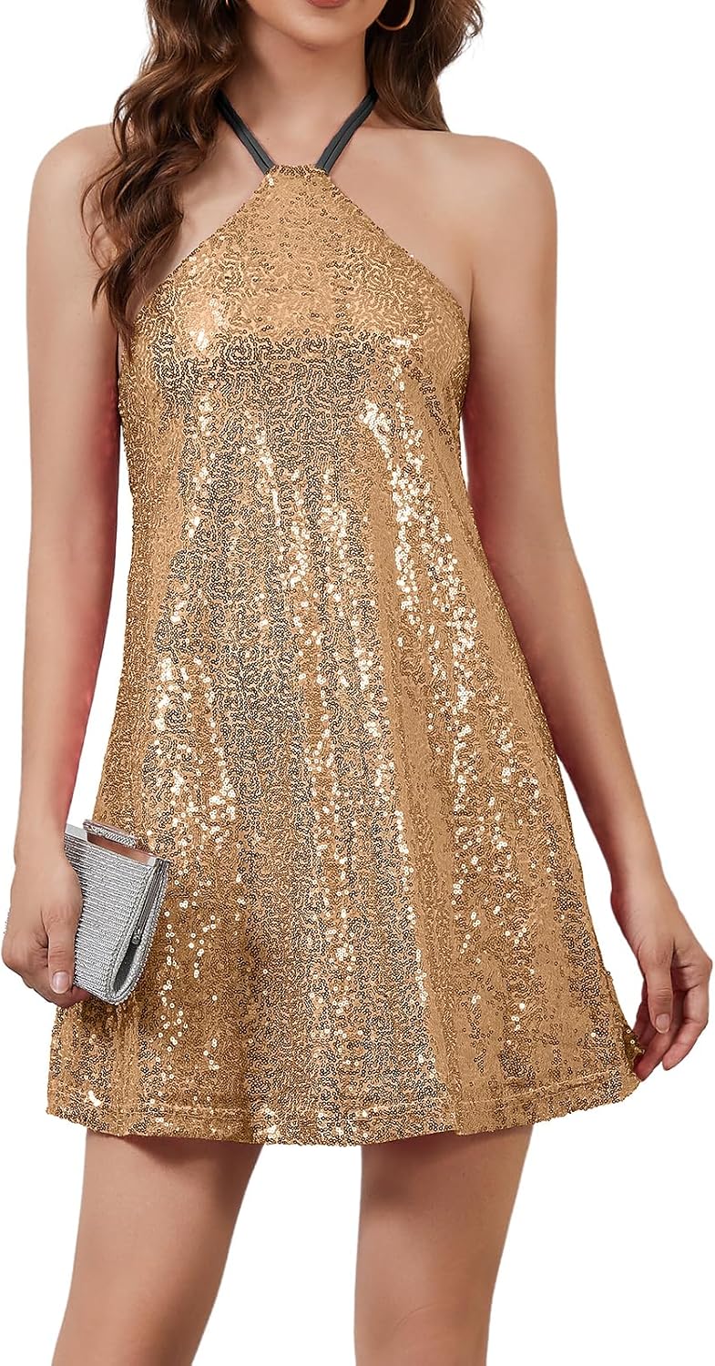 hibshaby Women's Sequin Dress Halter Backless Party Cocktail Mini Dress | Soft lined sparkly fabric with tie straps for club nights, birthdays, concerts, and holiday looks