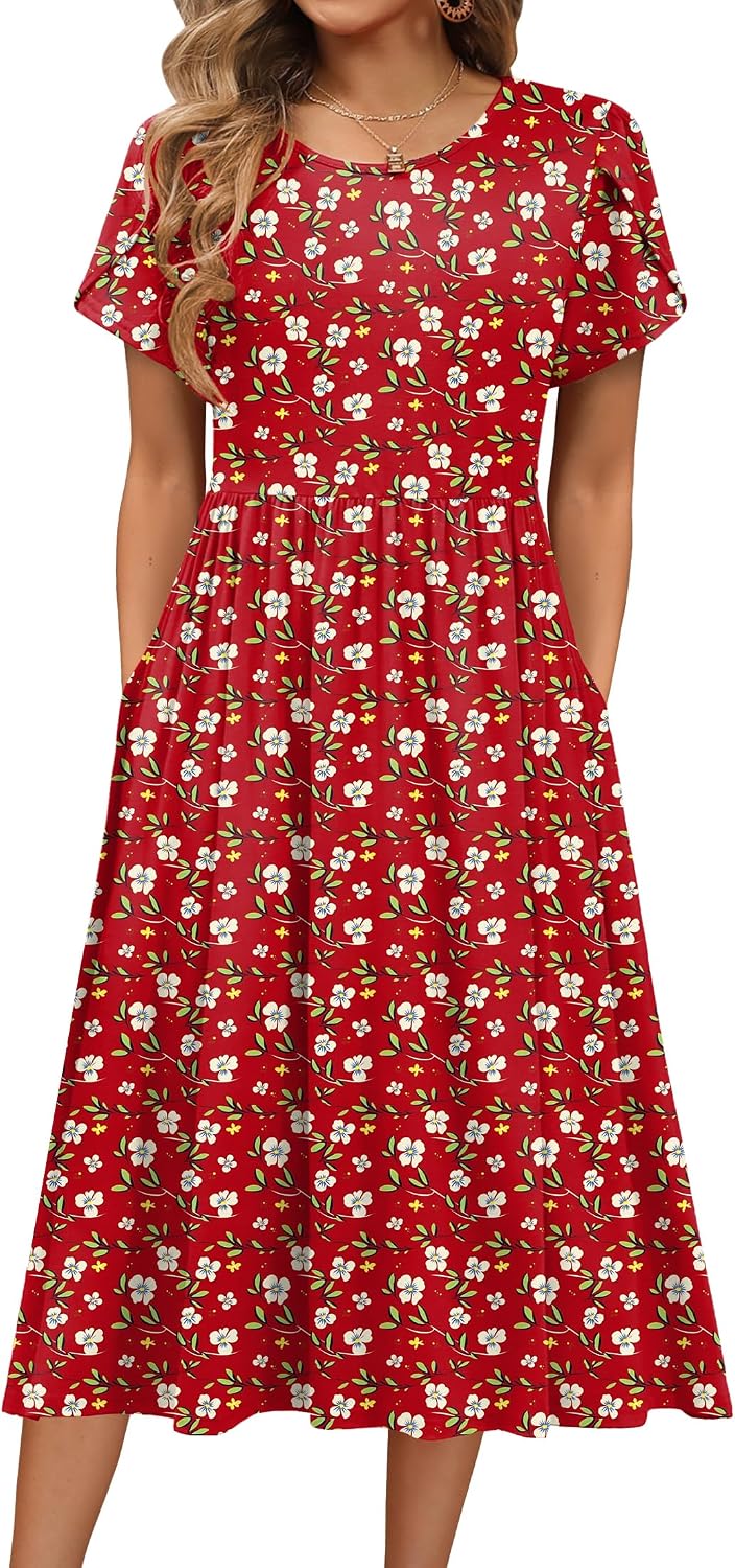 HOTOUCH Women's Summer A-Line Midi Dresses 2026 Casual Floral Short Sleeve T-Shirt Dress Flowy Beach Sundress with Pockets