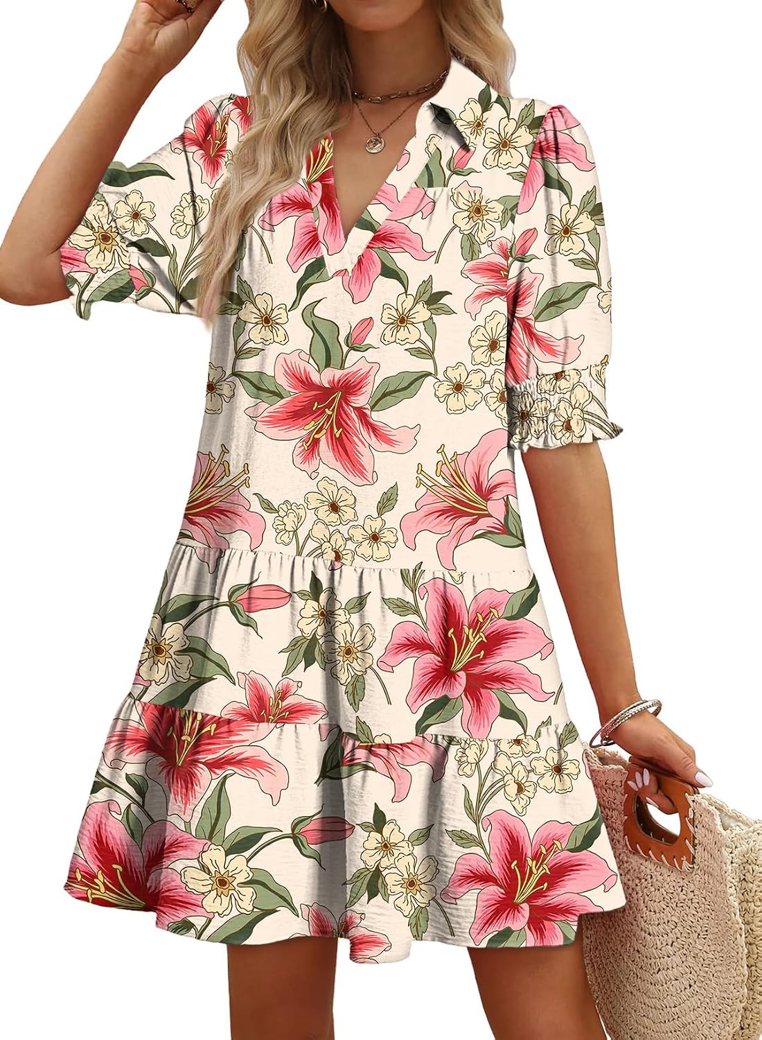 Dokotoo Casual Dresses Lapel Collared Pleated 2026 Midi Summer Dresses | Summer Fall Outfits,V Neck,Lapel Collared,Mid Sleeved,Boho Sundress,Baby Doll Dresses,Vacation,with Pockets,Loose Fit