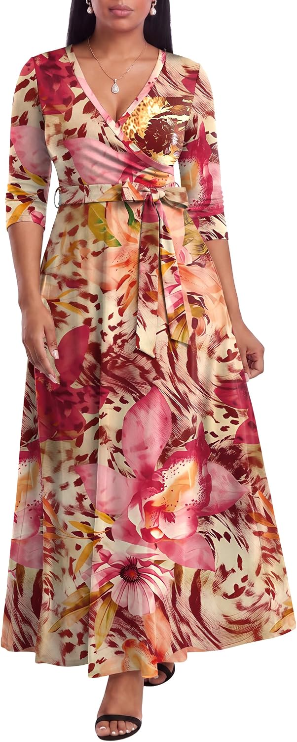 FANDEE Plus Size Maxi Dress for Women - Summer Long Dresses Casual | Women's Curvy Fit Long Dress, Semi\u2011Formal Print Fitted Wrap Dress with Pockets & Belt, 3\/4-Sleeve V-Neck