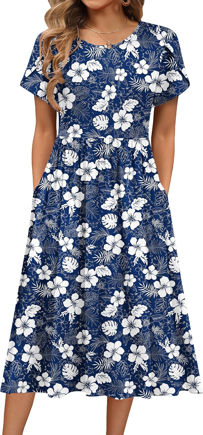 HOTOUCH Women's Summer A-Line Midi Dresses 2026 Casual Floral Short Sleeve T-Shirt Dress Flowy Beach Sundress with Pockets