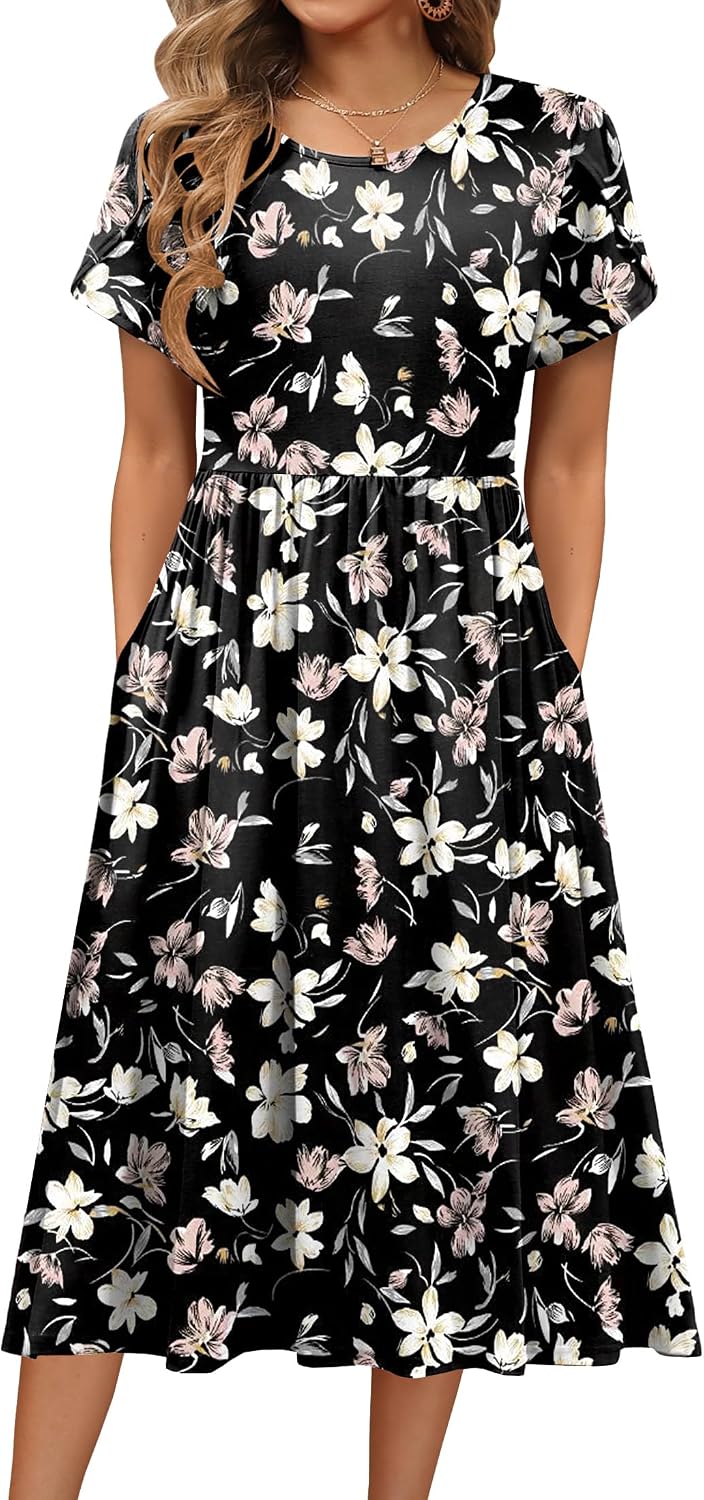 HOTOUCH Women's Summer A-Line Midi Dresses 2026 Casual Floral Short Sleeve T-Shirt Dress Flowy Beach Sundress with Pockets