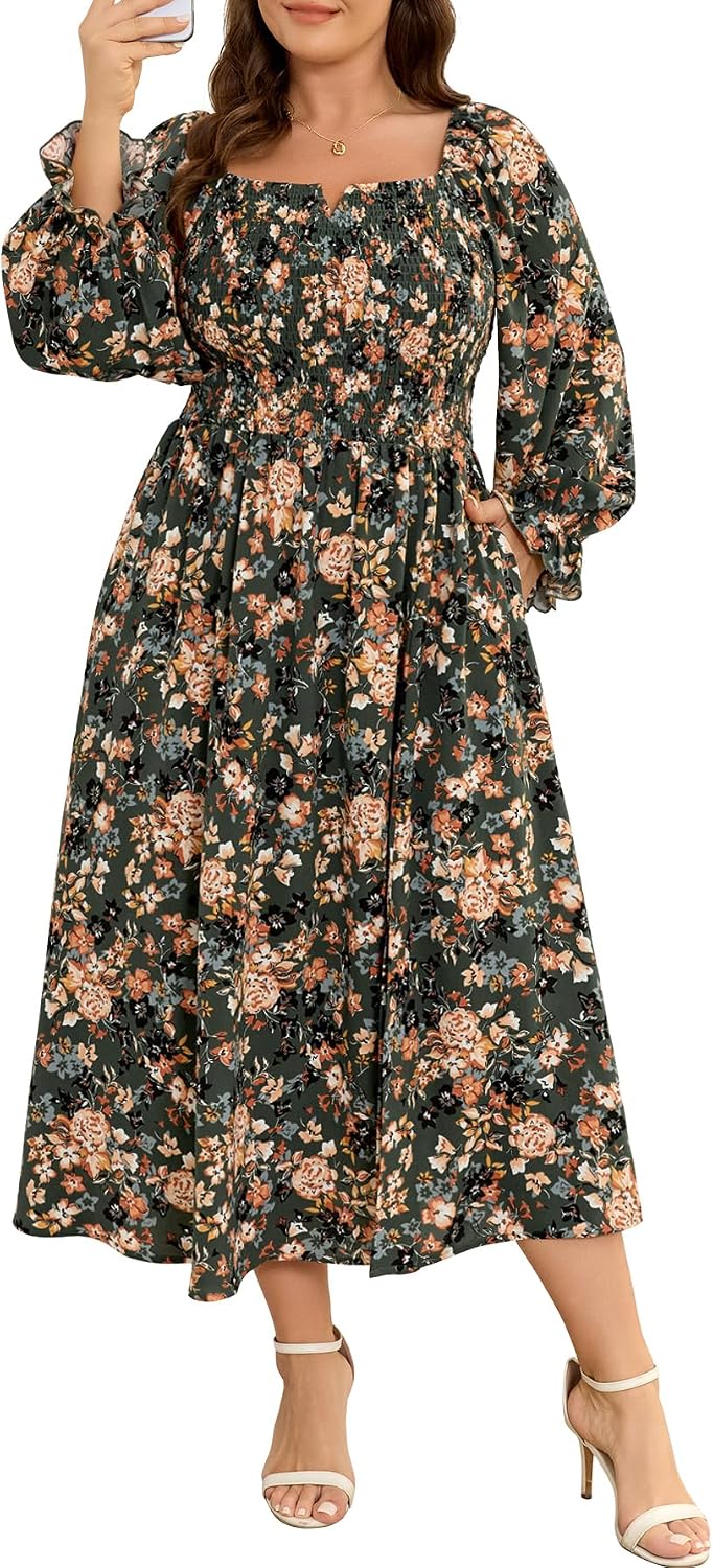 SCOMCHIC Womens Plus Size Casual Floral Maxi Dress | Ruffle Long Sleeve, Smocked, Square Neck, Empire Waist, A Line, Flowy, Split Long Dresses with Pockets for Fall, Spring