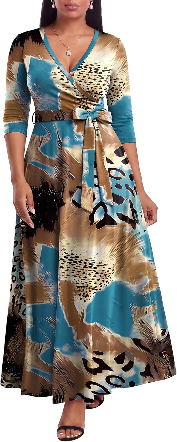 FANDEE Plus Size Maxi Dress for Women - Summer Long Dresses Casual | Women's Curvy Fit Long Dress, Semi\u2011Formal Print Fitted Wrap Dress with Pockets & Belt, 3\/4-Sleeve V-Neck