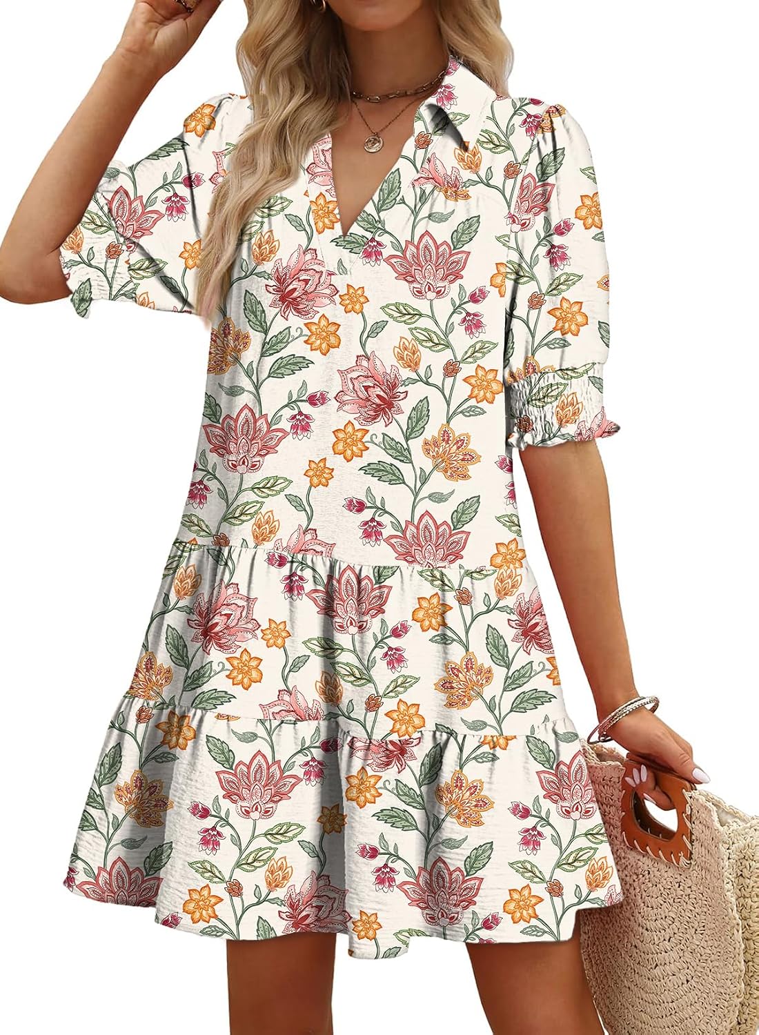 Dokotoo Casual Dresses Lapel Collared Pleated 2026 Midi Summer Dresses | Summer Fall Outfits,V Neck,Lapel Collared,Mid Sleeved,Boho Sundress,Baby Doll Dresses,Vacation,with Pockets,Loose Fit