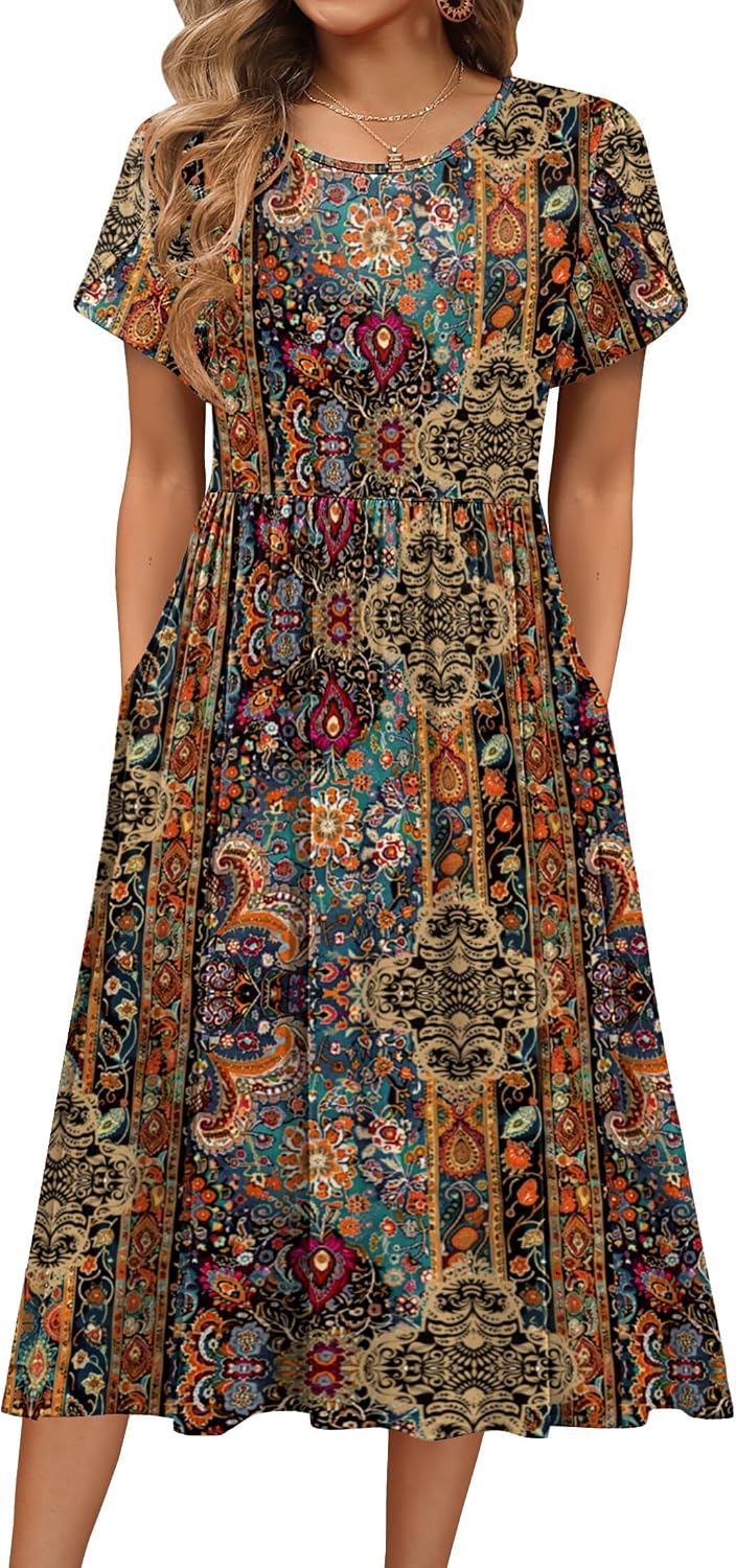 HOTOUCH Women's Summer A-Line Midi Dresses 2026 Casual Floral Short Sleeve T-Shirt Dress Flowy Beach Sundress with Pockets