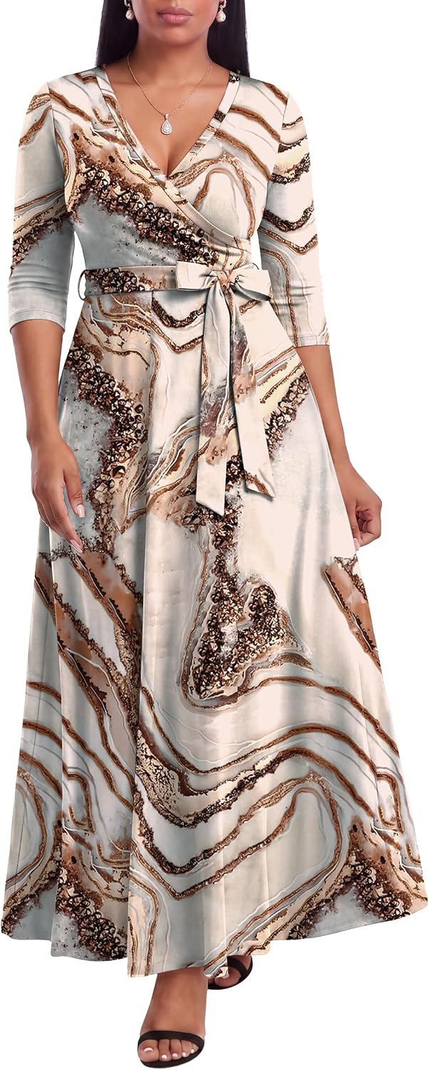 FANDEE Plus Size Maxi Dress for Women - Summer Long Dresses Casual | Women's Curvy Fit Long Dress, Semi\u2011Formal Print Fitted Wrap Dress with Pockets & Belt, 3\/4-Sleeve V-Neck