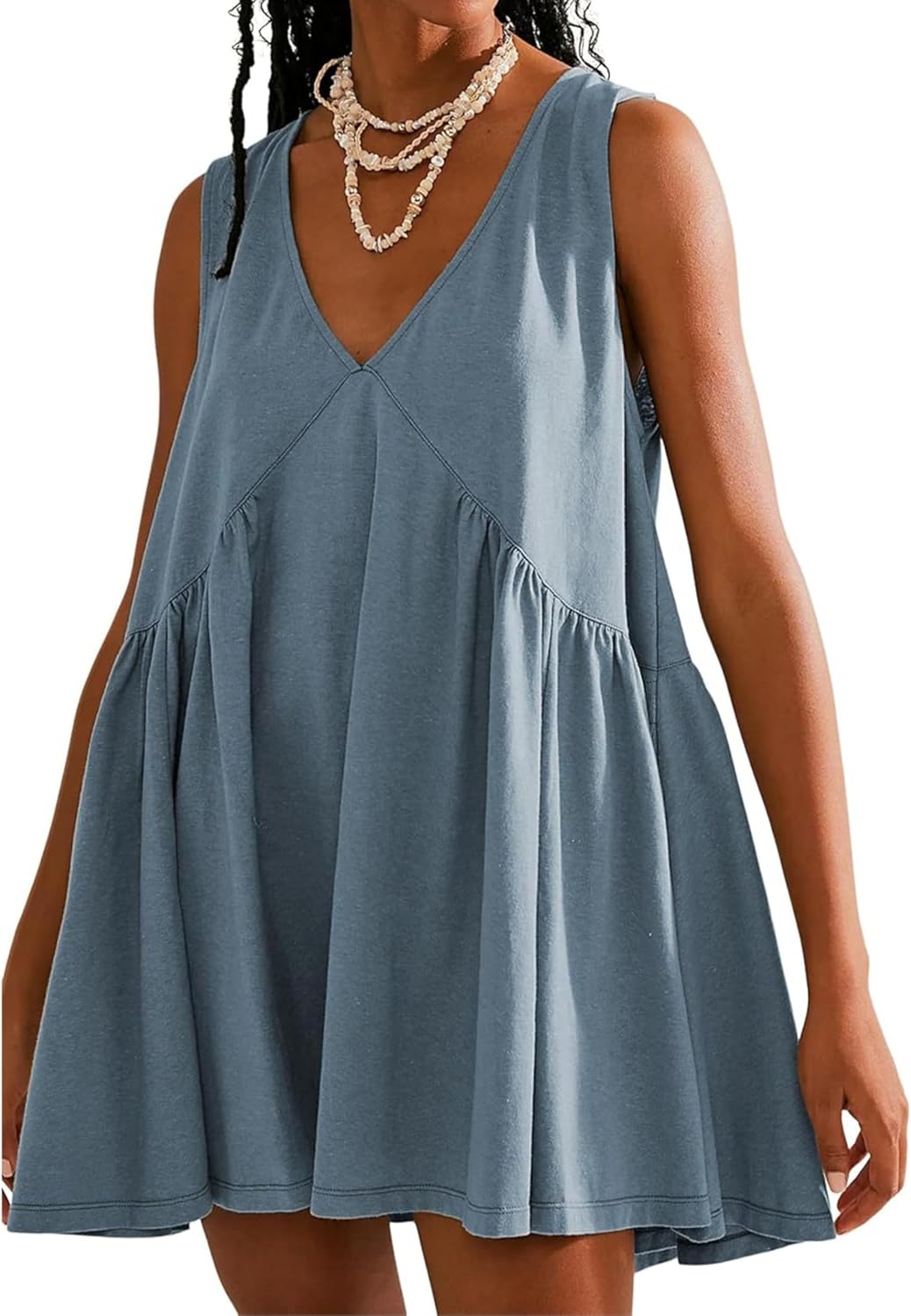 OPCAKM Women's V Neck Sleeveless Mini Dress Pleated Sundress | Soft Cotton Babydoll Summer Dresses,Flowy Swing Loose Fit for Casual Daily Wear,Party and Outdoor Activities