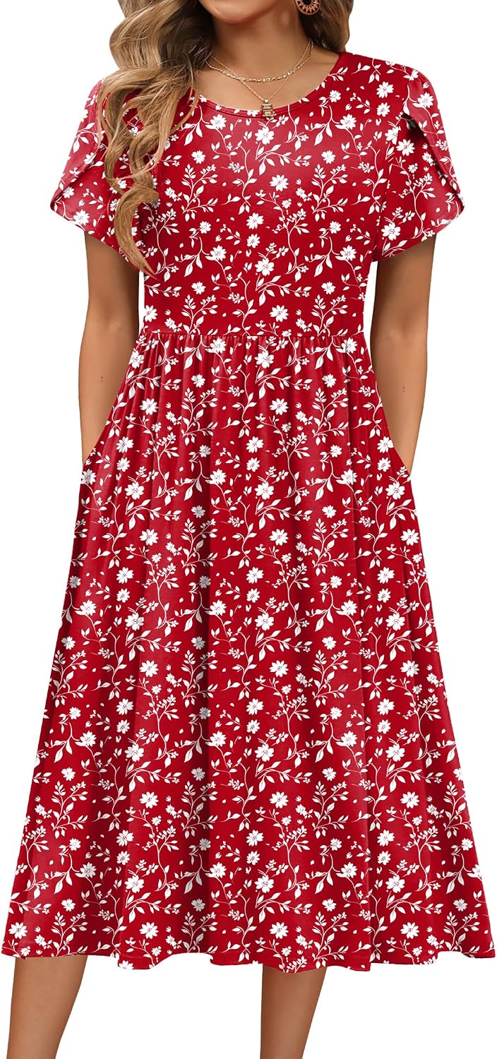 HOTOUCH Women's Summer A-Line Midi Dresses 2026 Casual Floral Short Sleeve T-Shirt Dress Flowy Beach Sundress with Pockets