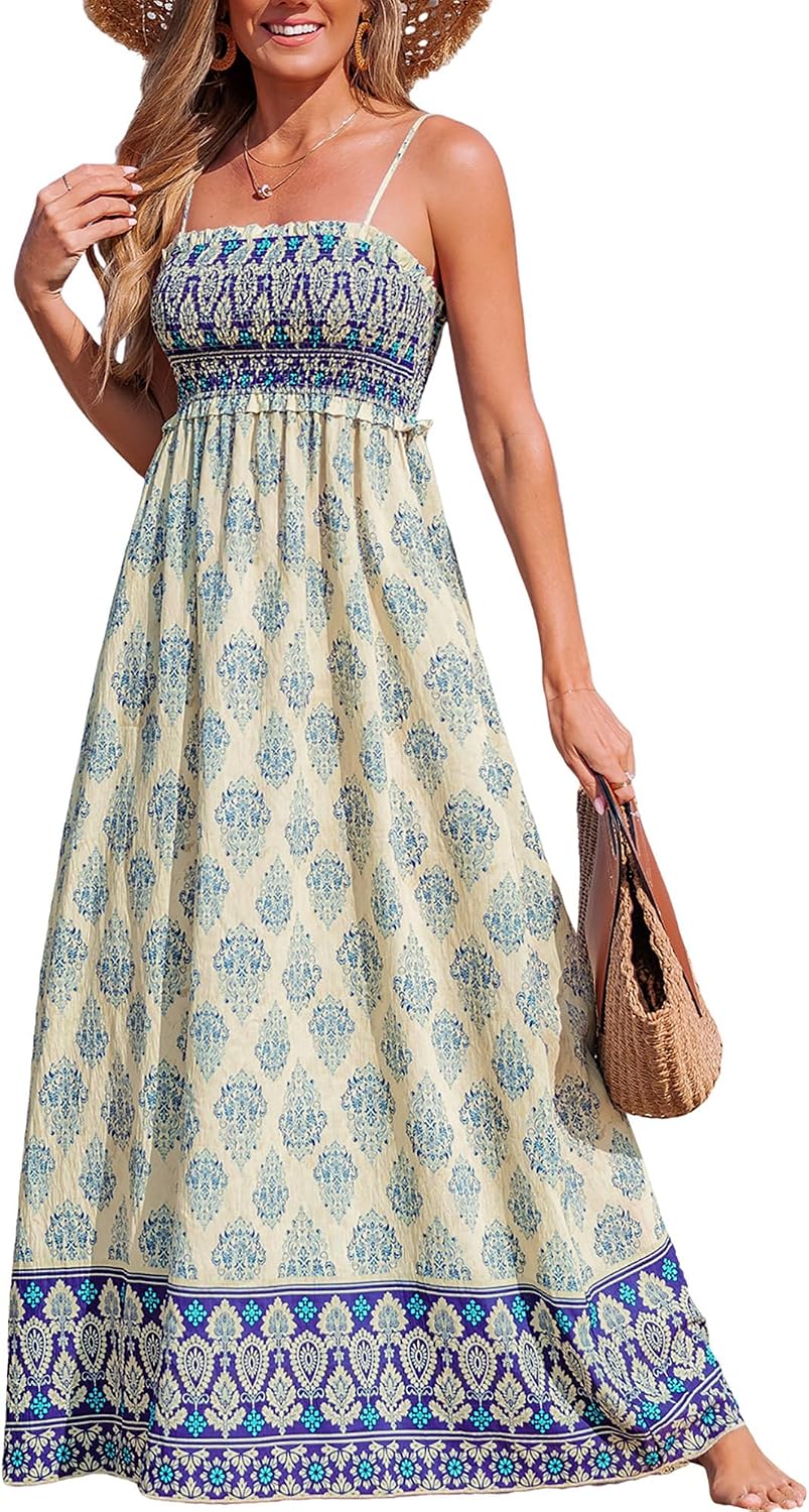 CUPSHE Women Maxi Summer Dress 2026 Floral Flowy Sundress | Spaghetti Straps Smocked Beachwear, Sleeveless, Empire Waist A Line Long Dresses, Boho Vacation Outfit, Fashion Clothes
