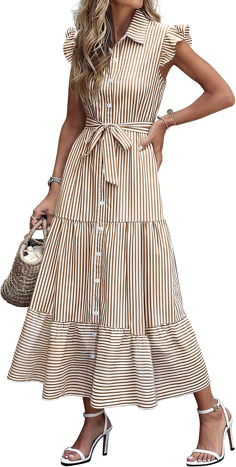 Caracilia Womens Summer Casual Ruffle Cap Sleeve Maxi Dress Button Down Striped Plaid Tie Waist Vacation Long Shirt Dresses