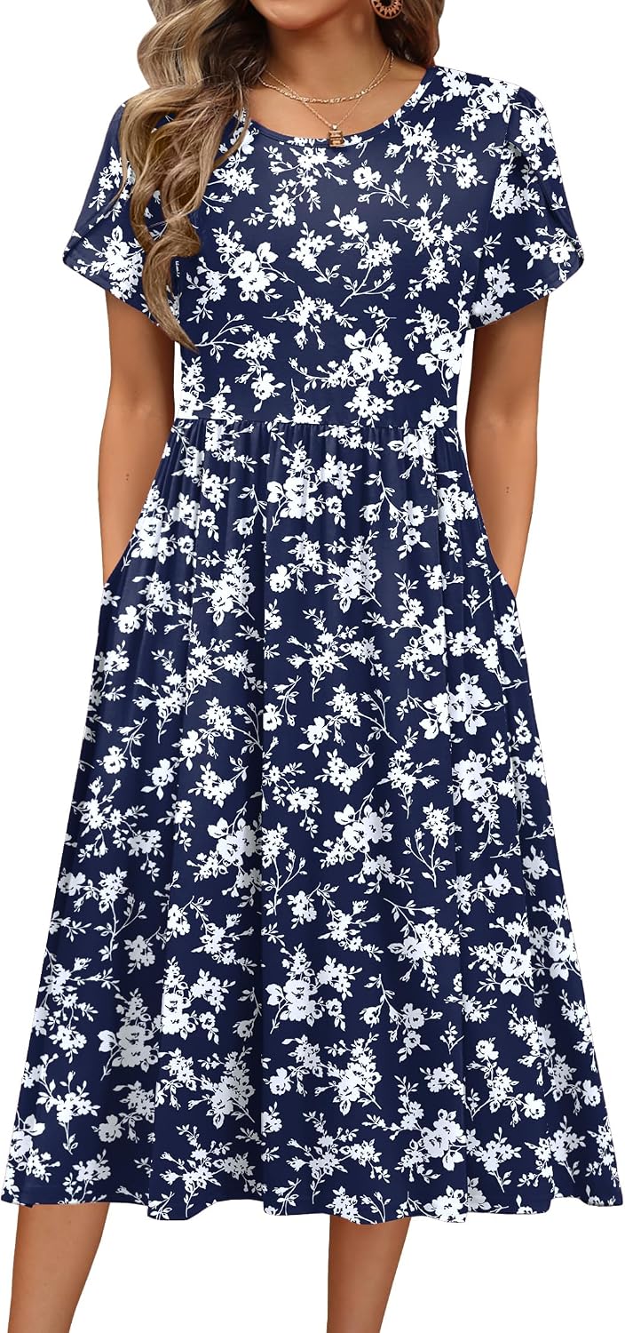 HOTOUCH Women's Summer A-Line Midi Dresses 2026 Casual Floral Short Sleeve T-Shirt Dress Flowy Beach Sundress with Pockets