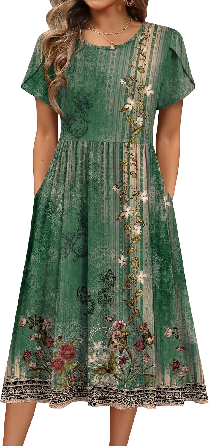 HOTOUCH Women's Summer A-Line Midi Dresses 2026 Casual Floral Short Sleeve T-Shirt Dress Flowy Beach Sundress with Pockets