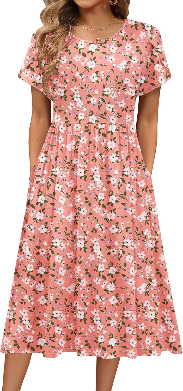 HOTOUCH Women's Summer A-Line Midi Dresses 2026 Casual Floral Short Sleeve T-Shirt Dress Flowy Beach Sundress with Pockets