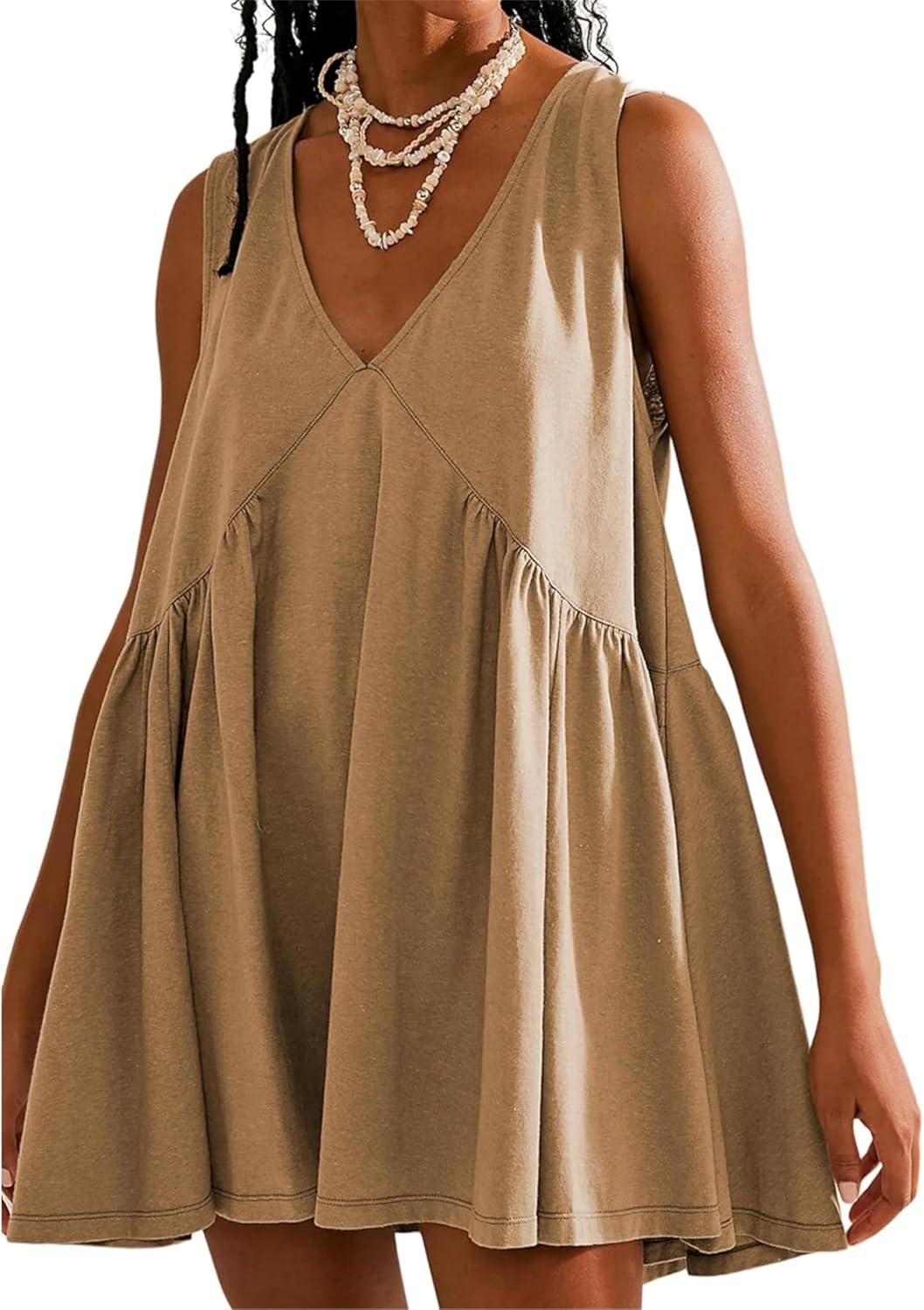OPCAKM Women's V Neck Sleeveless Mini Dress Pleated Sundress | Soft Cotton Babydoll Summer Dresses,Flowy Swing Loose Fit for Casual Daily Wear,Party and Outdoor Activities