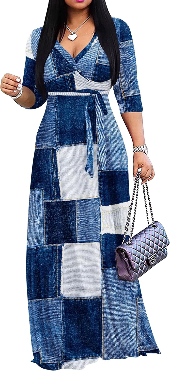 FANDEE Plus Size Maxi Dress for Women - Summer Long Dresses Casual | Women's Curvy Fit Long Dress, Semi\u2011Formal Print Fitted Wrap Dress with Pockets & Belt, 3\/4-Sleeve V-Neck