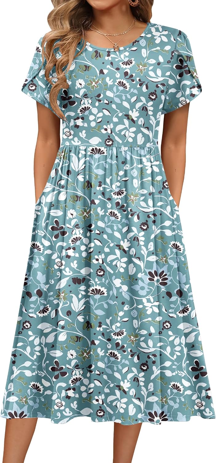 HOTOUCH Women's Summer A-Line Midi Dresses 2026 Casual Floral Short Sleeve T-Shirt Dress Flowy Beach Sundress with Pockets
