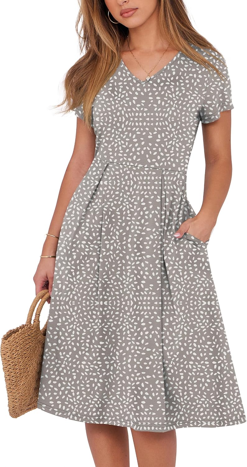 ANRABESS Women Summer Casual Short Sleeve A Line Midi Dresses with Pocket | V Neck Knee Length Pleated Flowy Slim Fit, Casual Business Office Work Teacher Wear, Church Funeral Wedding Guest Outfits