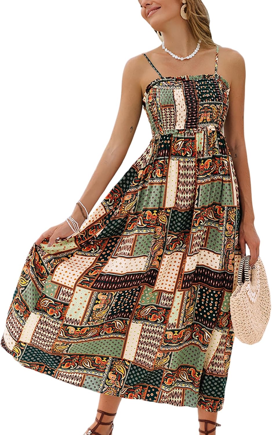 CUPSHE Women Maxi Summer Dress 2026 Floral Flowy Sundress | Spaghetti Straps Smocked Beachwear, Sleeveless, Empire Waist A Line Long Dresses, Boho Vacation Outfit, Fashion Clothes
