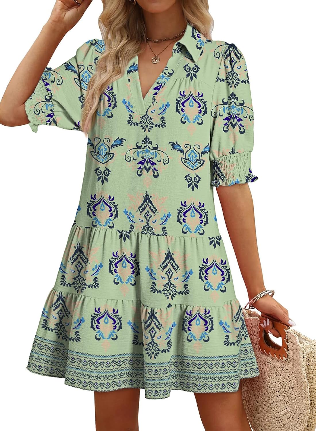 Dokotoo Casual Dresses Lapel Collared Pleated 2026 Midi Summer Dresses | Summer Fall Outfits,V Neck,Lapel Collared,Mid Sleeved,Boho Sundress,Baby Doll Dresses,Vacation,with Pockets,Loose Fit