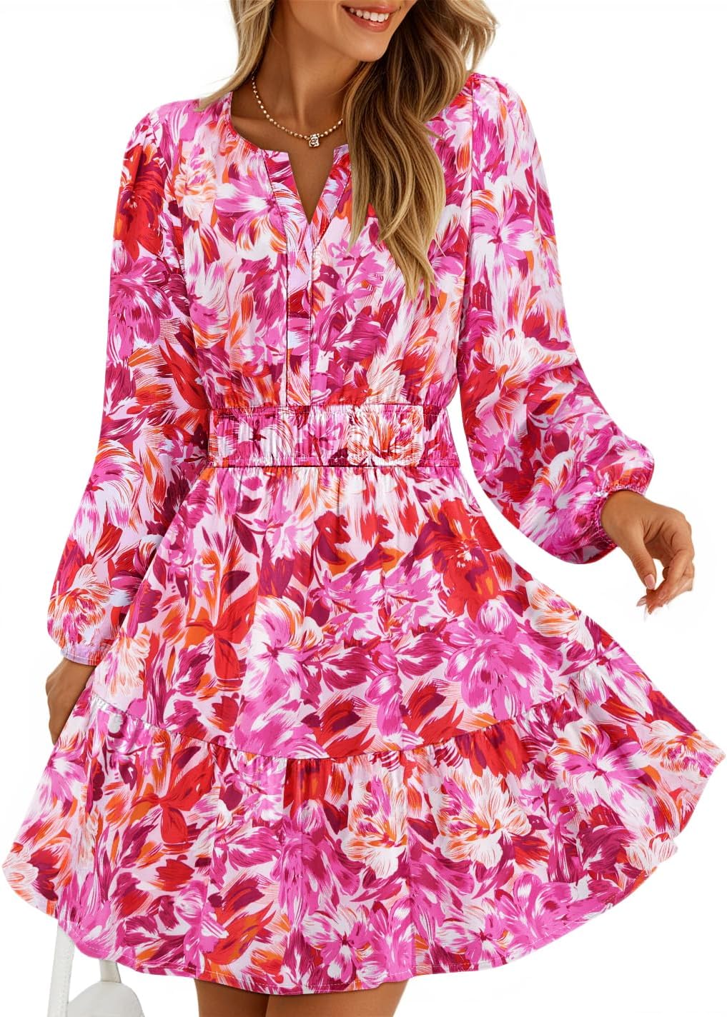 ZESICA Womens Fall Floral Long Sleeve Wedding Guest Mini Dresses | With Pockets, V Neck, A-Line, Ruched Waist, Double Lined, Flowy Short Dress, Going Out Outfits