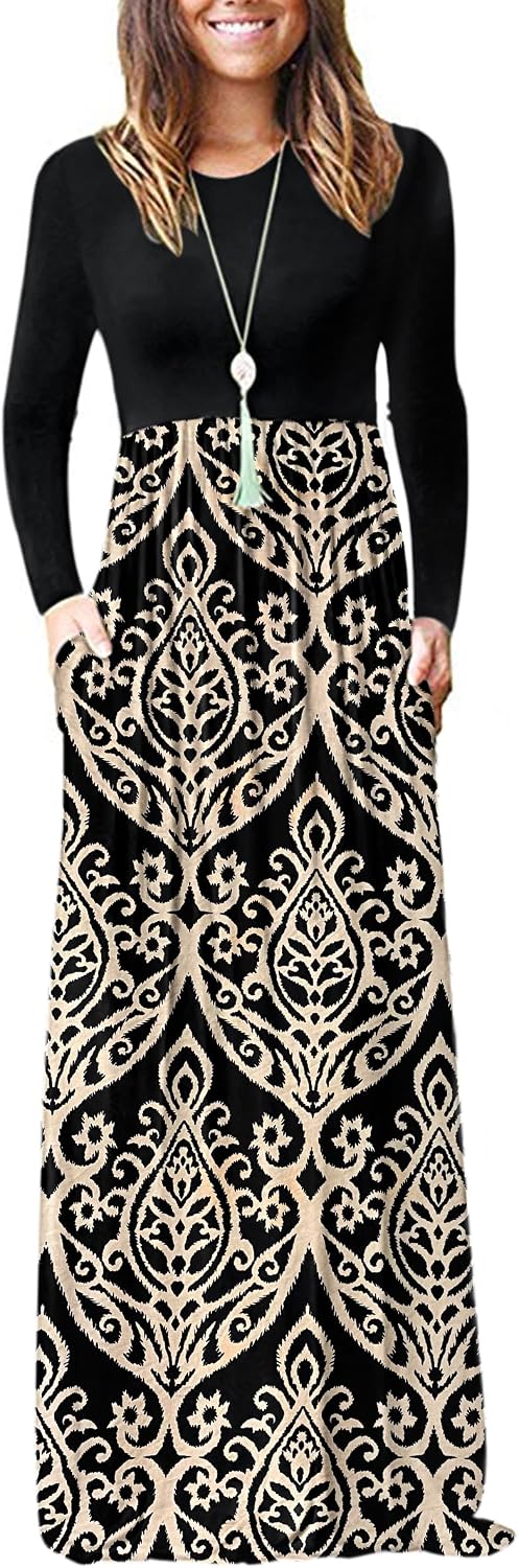 AUSELILY Womens Long Sleeve Maxi Dress Casual Empire Waist with Pockets | Versatile year round long dress for spring, fall, winter, available in floral prints and solids