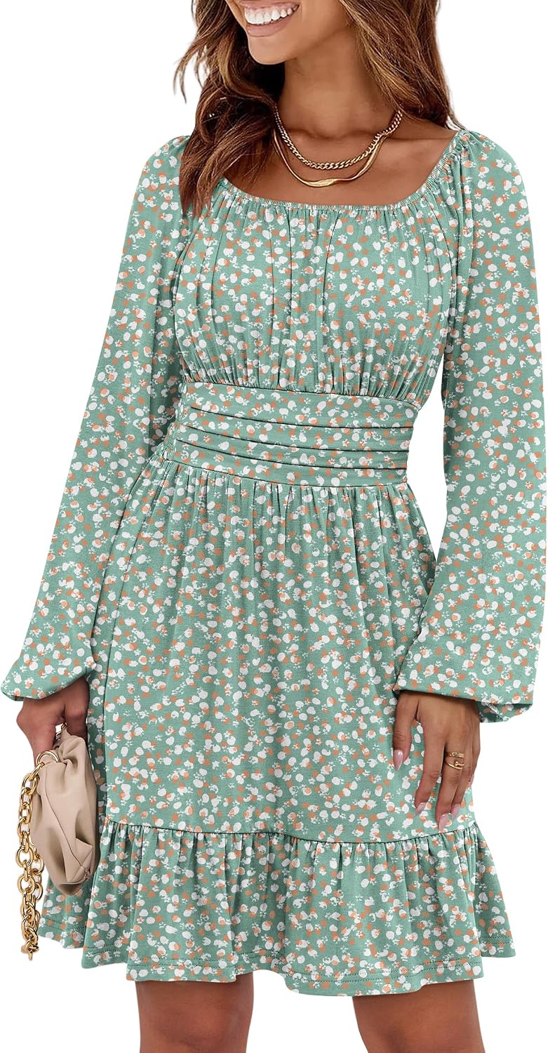 ANRABESS Women Long Lantern Sleeve Square Neck Fall Short Dress | Elastic Waist Belly Hide,Ruffle Flowy A-Line Mini Dress,Backless,Spring Summer Fashion Trendy,Cute Travel & Party Daily Wear