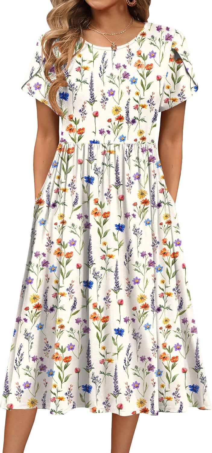 HOTOUCH Women's Summer A-Line Midi Dresses 2026 Casual Floral Short Sleeve T-Shirt Dress Flowy Beach Sundress with Pockets