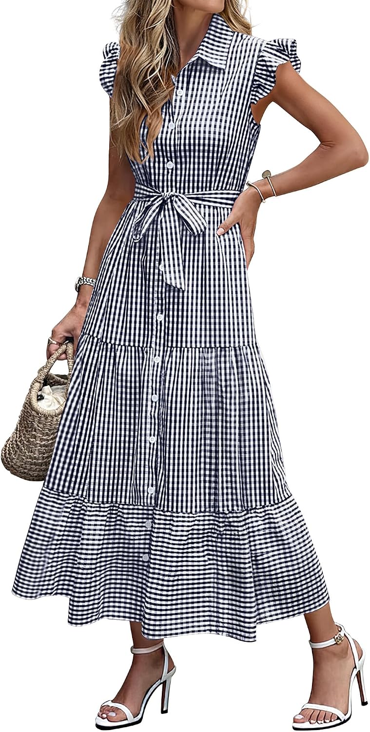 Caracilia Womens Summer Casual Ruffle Cap Sleeve Maxi Dress Button Down Striped Plaid Tie Waist Vacation Long Shirt Dresses