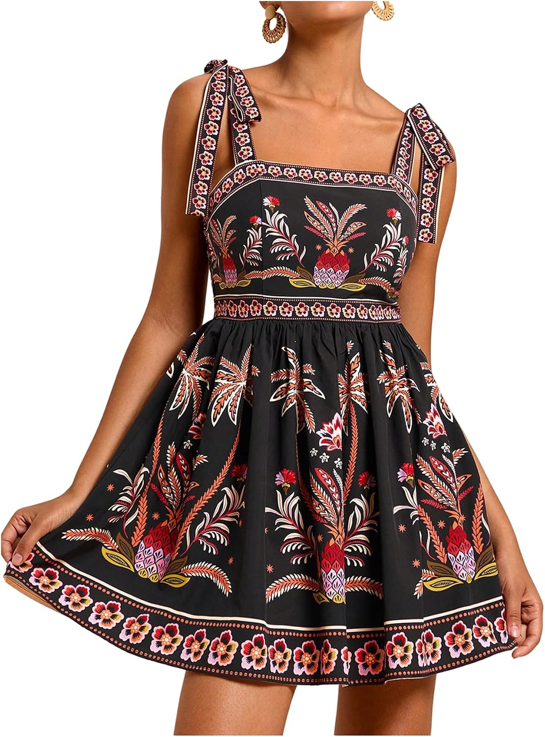 OYOANGLE Boho Dresses for Women Tropical Summer Dresses Mini Dress Sundress | Floral，Sleeveless，Tie Shoulder,Brunch Dress,Flowy Dress,Vacation Outfits，Hawaiian Dresses