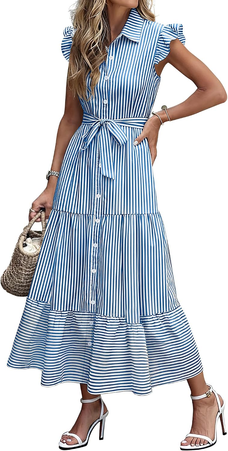 Caracilia Womens Summer Casual Ruffle Cap Sleeve Maxi Dress Button Down Striped Plaid Tie Waist Vacation Long Shirt Dresses