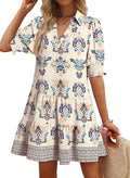Dokotoo Casual Dresses Lapel Collared Pleated 2026 Midi Summer Dresses | Summer Fall Outfits,V Neck,Lapel Collared,Mid Sleeved,Boho Sundress,Baby Doll Dresses,Vacation,with Pockets,Loose Fit