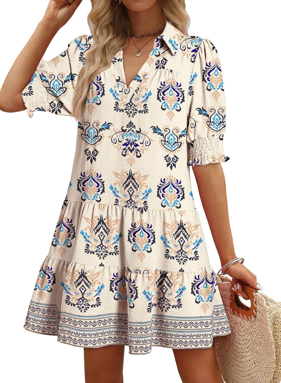Dokotoo Casual Dresses Lapel Collared Pleated 2026 Midi Summer Dresses | Summer Fall Outfits,V Neck,Lapel Collared,Mid Sleeved,Boho Sundress,Baby Doll Dresses,Vacation,with Pockets,Loose Fit