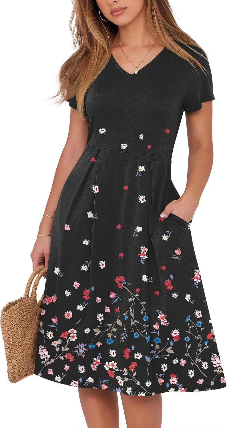 ANRABESS Women Summer Casual Short Sleeve A Line Midi Dresses with Pocket | V Neck Knee Length Pleated Flowy Slim Fit, Casual Business Office Work Teacher Wear, Church Funeral Wedding Guest Outfits