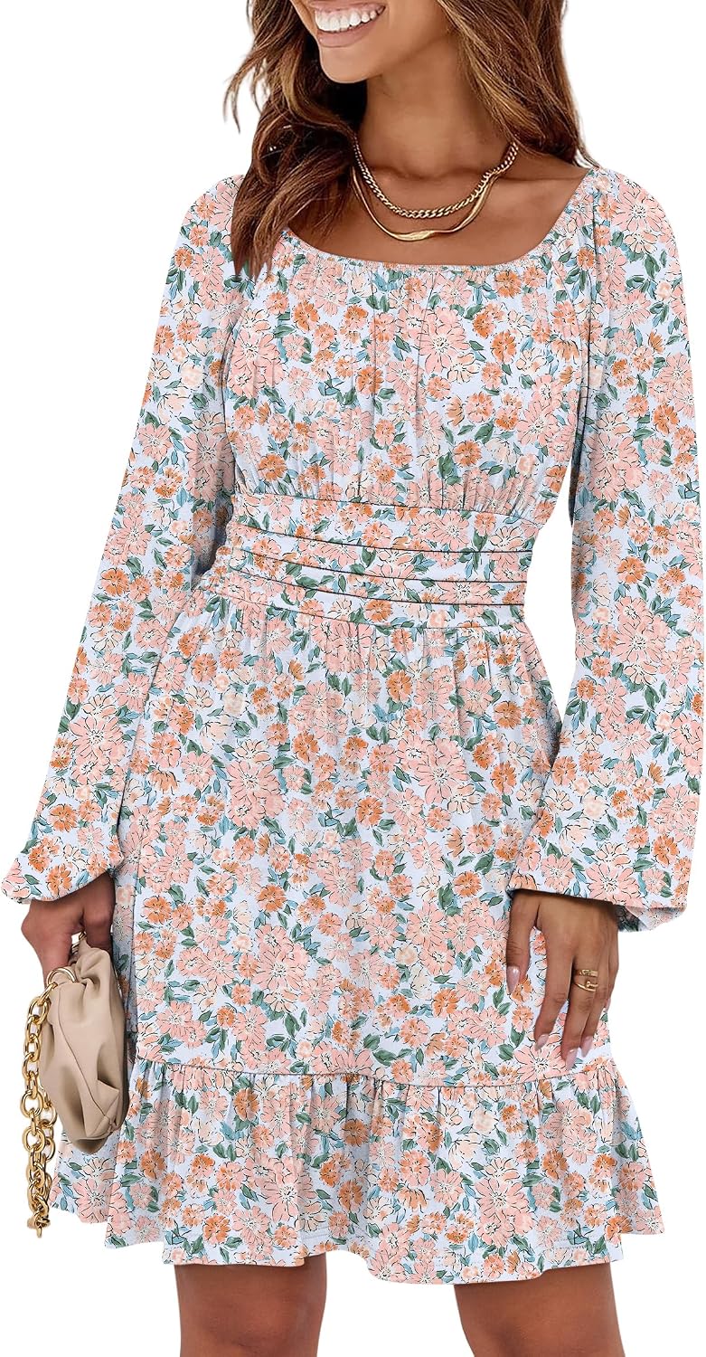 ANRABESS Women Long Lantern Sleeve Square Neck Fall Short Dress | Elastic Waist Belly Hide,Ruffle Flowy A-Line Mini Dress,Backless,Spring Summer Fashion Trendy,Cute Travel & Party Daily Wear