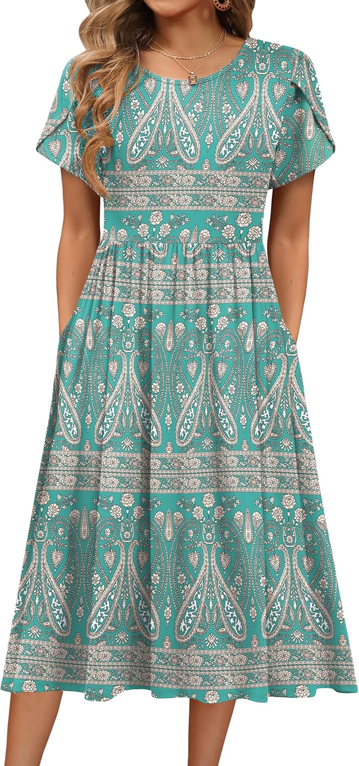 HOTOUCH Women's Summer A-Line Midi Dresses 2026 Casual Floral Short Sleeve T-Shirt Dress Flowy Beach Sundress with Pockets