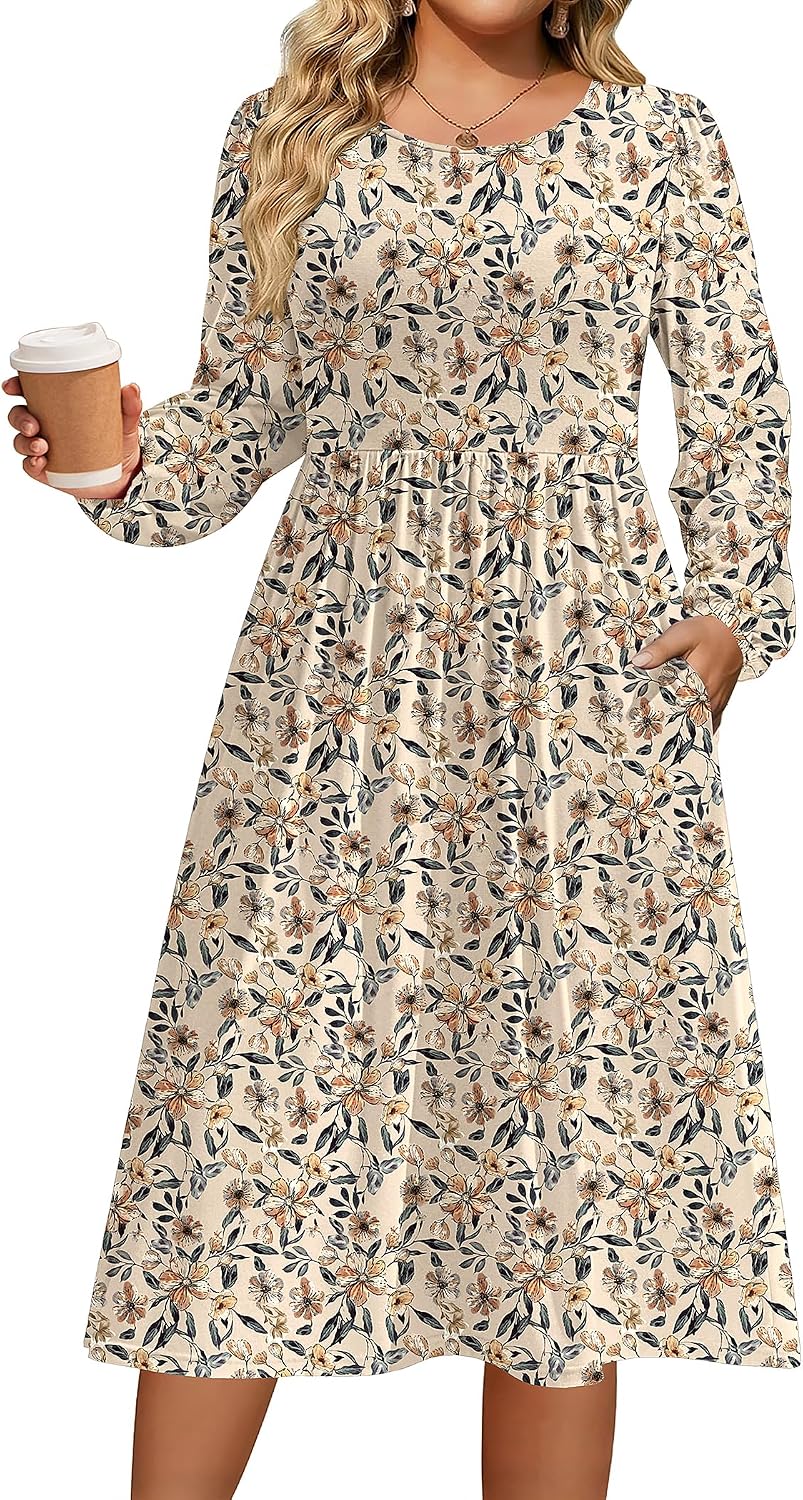 IN'VOLAND Plus Size Fall Dresses Women Long Sleeve Midi Casual Pocket Dress | Breathable Material, Crewneck A-Line Dresses, Loose Fit, Fall Fashion 2026